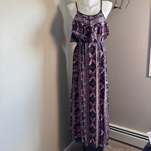 Angie Women's Sleeveless Babydoll Aztec Maxi Dress Spaghetti Strap Small Boho